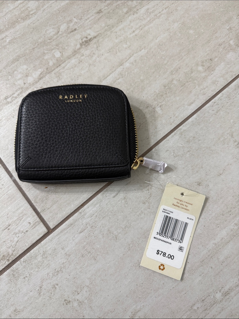 RADLEY LONDON Black Pebbled Zip Coin Wallet with Gold Hardware ..nwt